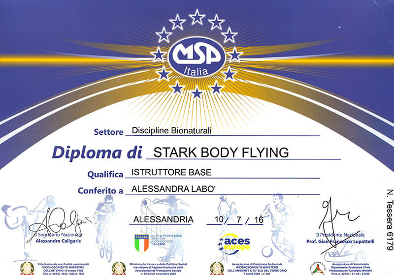 Il certificato di Body Flying ottenuto da Alessandra Labò